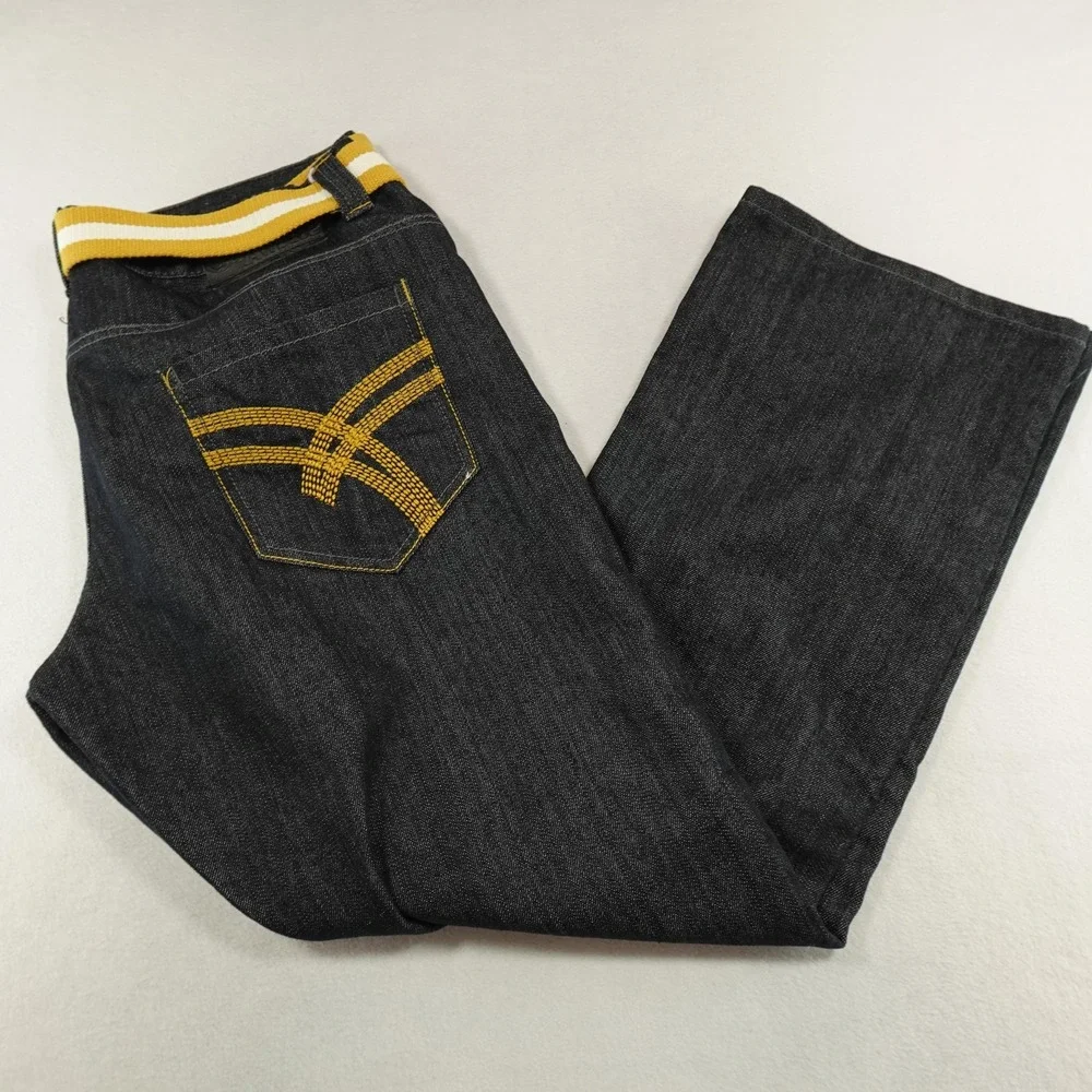 Raw Blue Jeans Mens 38x32 Act 37x30 Black Wide Leg Denim Yellow Belt Grunge